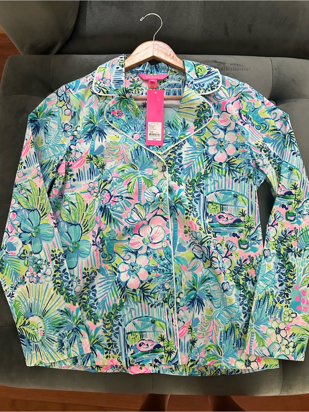 Lilly Pulitzer Blue Green Pink Tropical Floral Button-Up